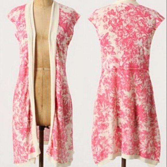 ANTHROPOLOGIE Pink Floral Duster Cardigan Festival Knit Sweater Size Small Boho - Picture 3 of 11